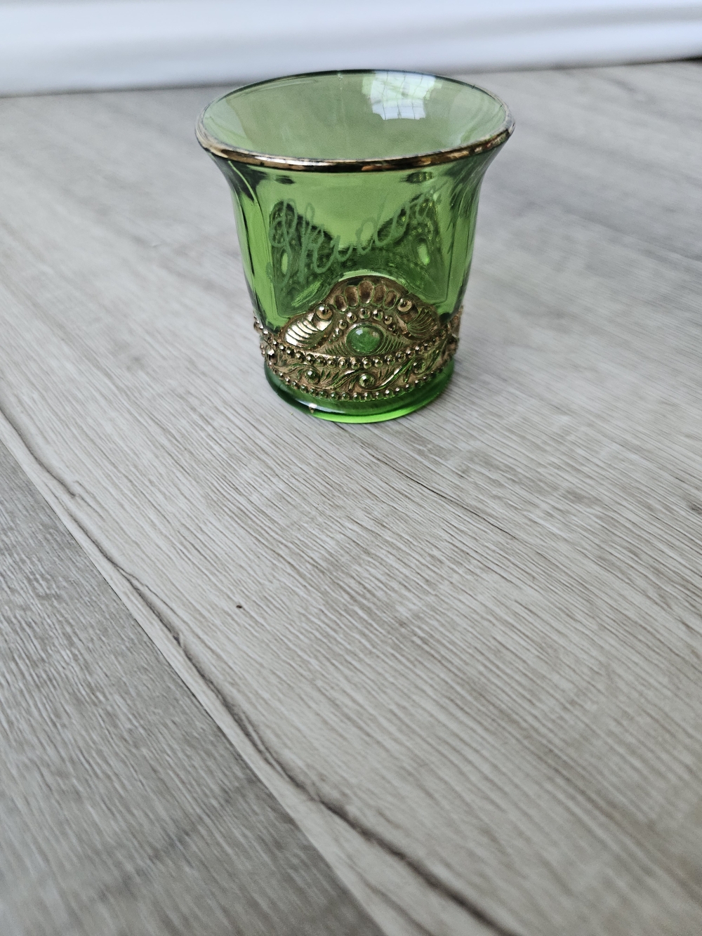 Vintage EAPG Emerald Green Toothpick Holder with Gold Medallion Accent